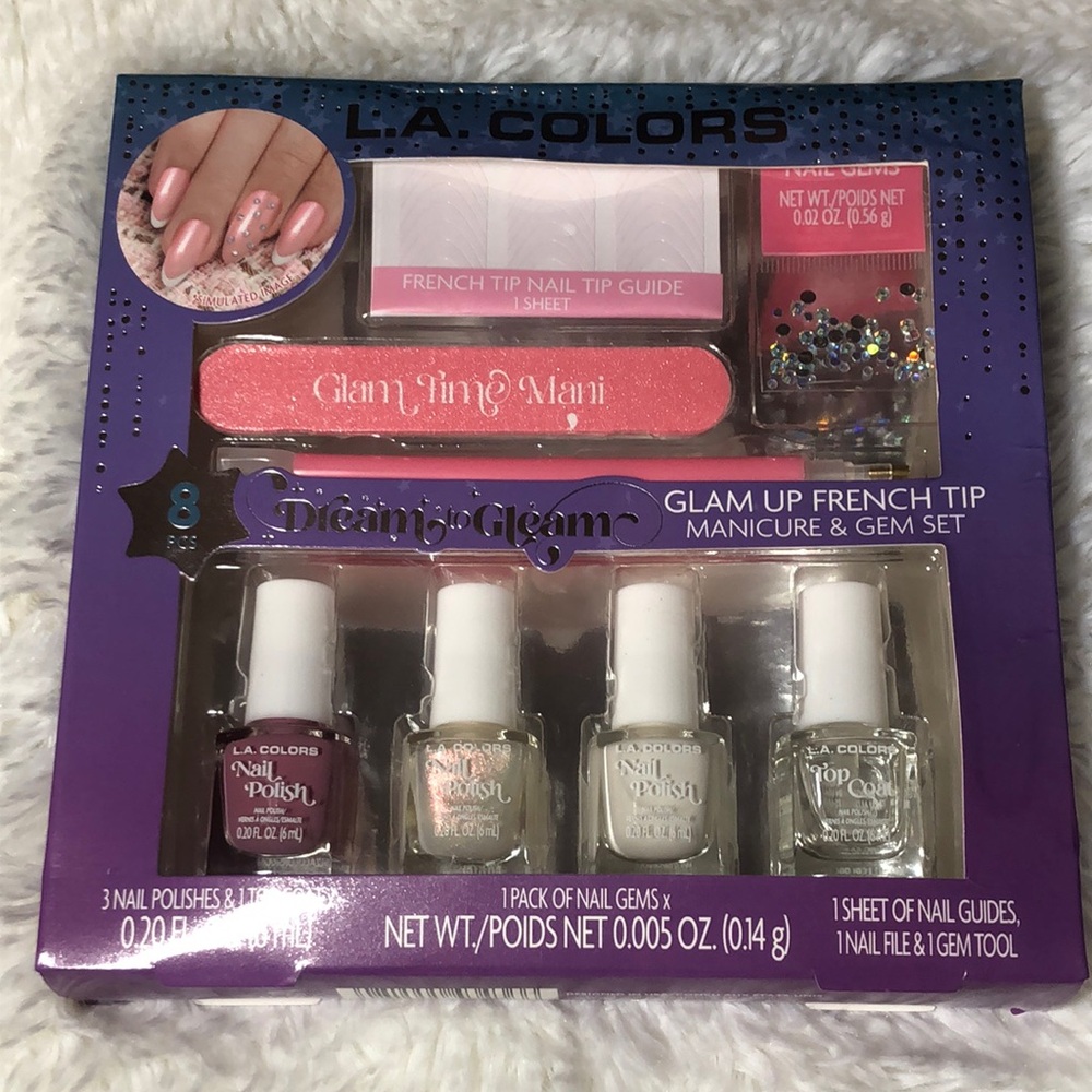 L.A. Colors 💅 8 Piece Glam Up French Tip Manicure, & Gem 💎 Set Dream to Glam NIB